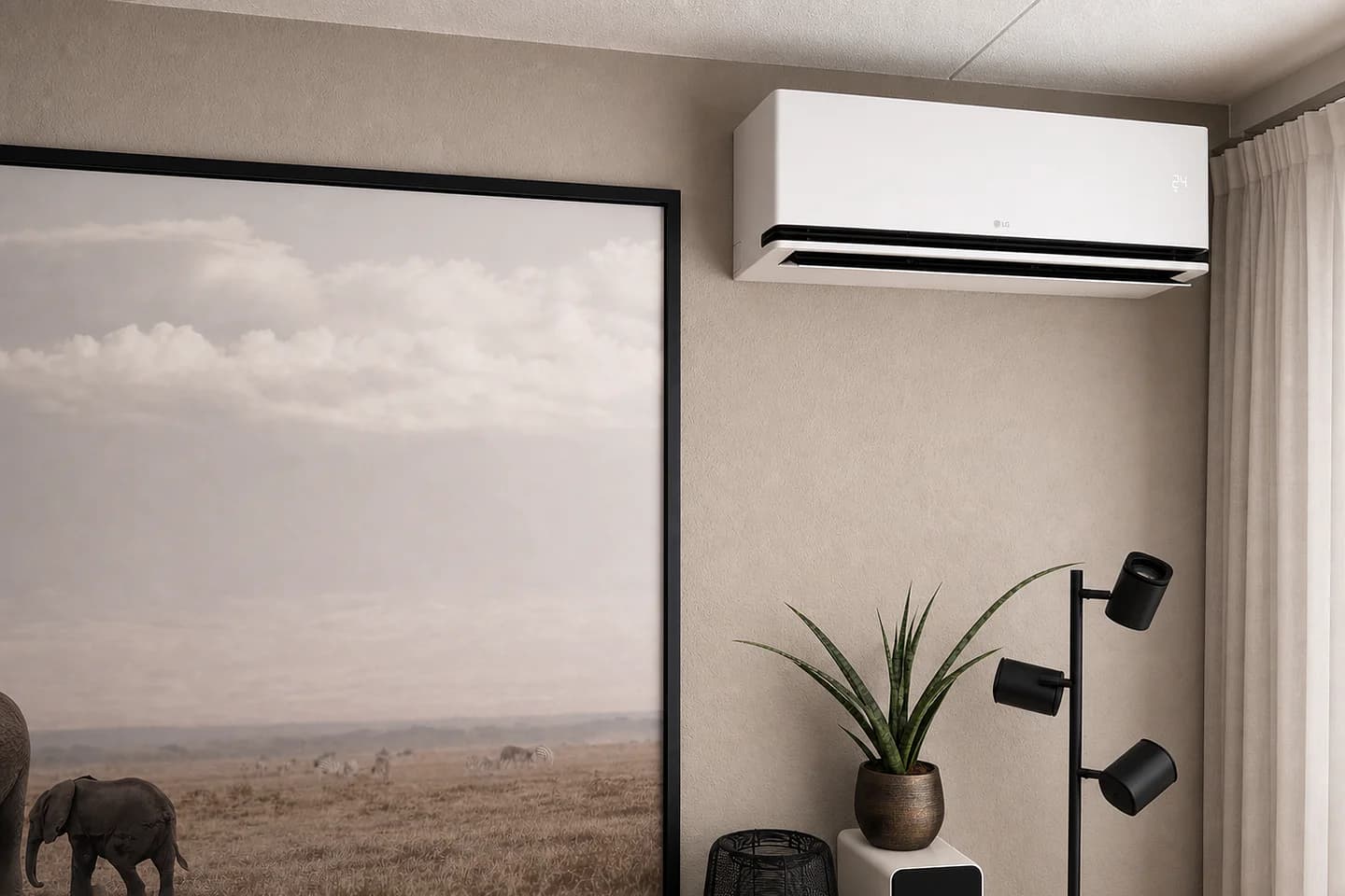 Woonkamer met strak geplaatste airco